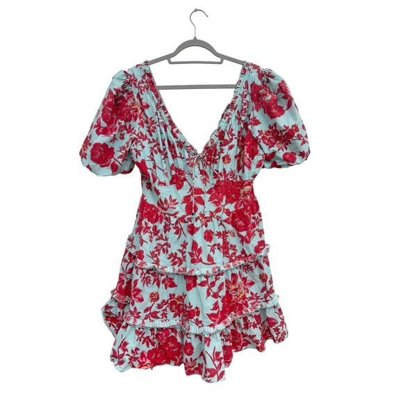 Caroline Constas Red Floral Puff Sleeve Tiered Mini Dress Size L Cotton Boho - Picture 1 of 7